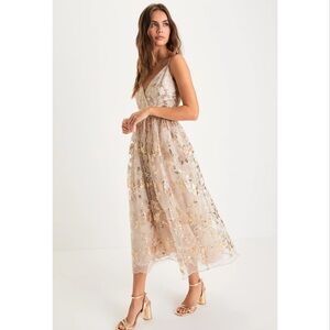 Lulus Glittery Glamour Gold Floral Embroidered Sequin Midi Dress NWT Large